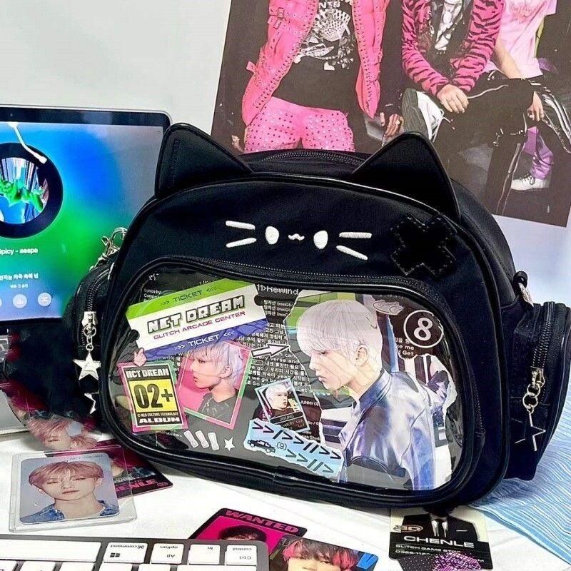 Sac à dos chat argenté du Japon Y2K, sac d'école Ita pour adolescent mignon, sac de voyage à poche transparente pour filles douces, femmes et garçons