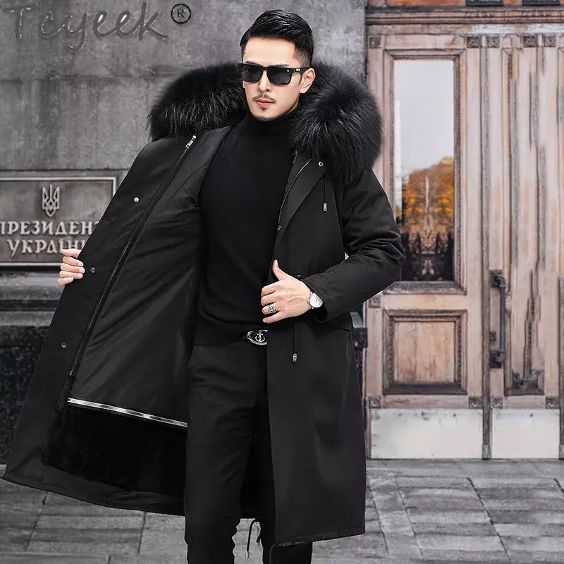 Tcyeek-Parka de lana de oveja Natural para hombre, chaqueta cálida con cuello de piel de zorro, abrigo de esquilado de oveja, ropa coreana, 2023
