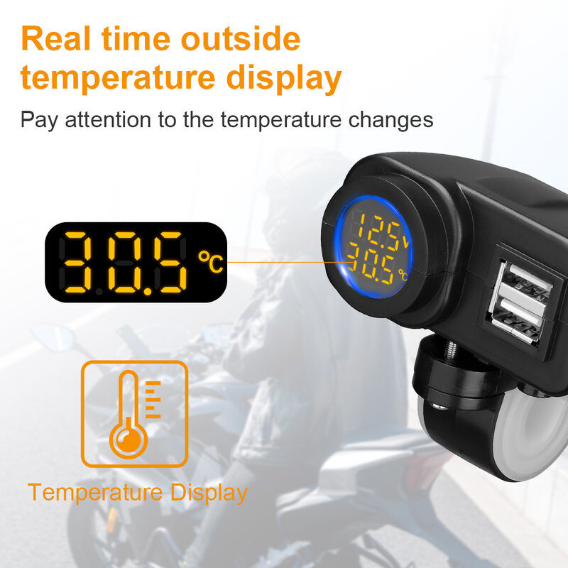 Ouspow Motorcycle Charger 12V 36W QC3.0 Digital Display Dual USB  Phone Fast Charger Voltmeter Thermometer  Phone Charger Socket