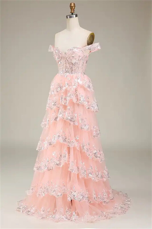 Jessica Black Glitter Prom Dresses lussuoso abito da sera con ricamo in pizzo Vestidos De Fiesta abito da festa con spacco Off-the-spalla