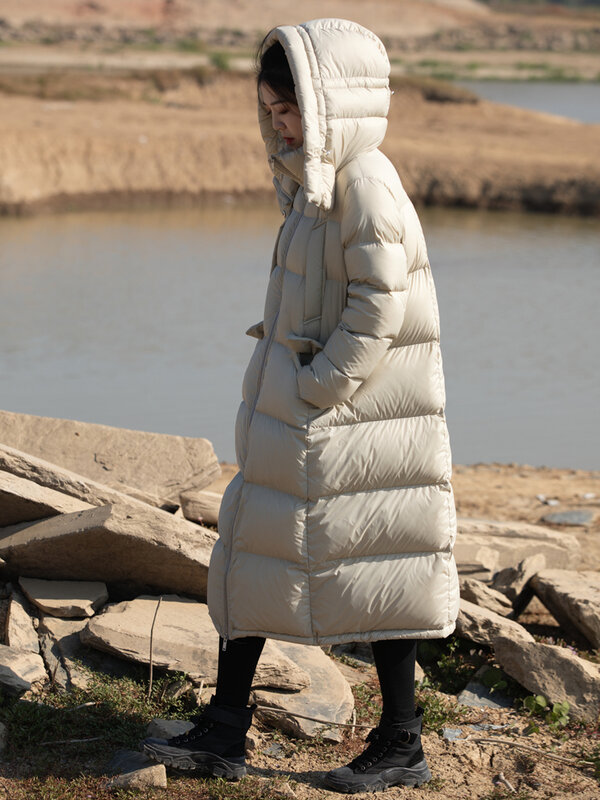Zima 2023 długa, za kolano dół kurtki damskie 95% biały puch gęsi płaszcz zagęszczony i odporne na zimno