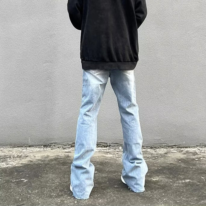 Jeans retrô lavado e largo para homens, calças jeans retas com zíper, streetwear hip hop, perna larga, moda Y2K, 2023