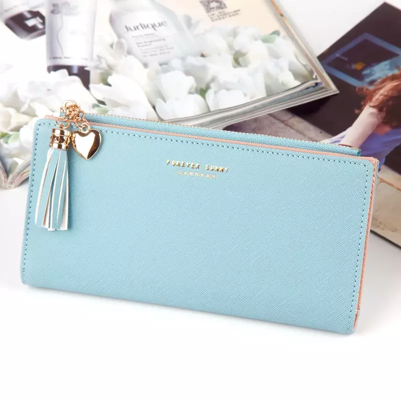Women's Long Wallet  Multi Card Button Handheld Clutches Bag with Tassel Chain ID Mobile Bag PU Leather Zipper Buckle Style