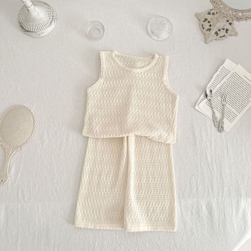 Summer New Baby Girls Sleeveless Clothes Set Toddler Thin Knitted Hollow Out Vest + Wide Leg Pants Children Fashion 2pcs Suit
