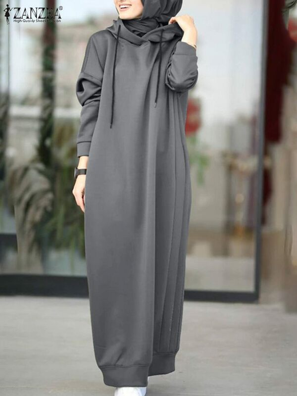 ZANZEA-Vestido de moletom de manga comprida feminino, robe casual feminino com capuz sólido, capuz elegante, vestido maxi, 2023