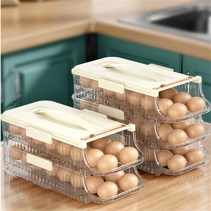 Kotak penyimpan telur Organizer dapur, Aksesori dapur, wadah geser beroda, wadah pemegang kulkas multilapis