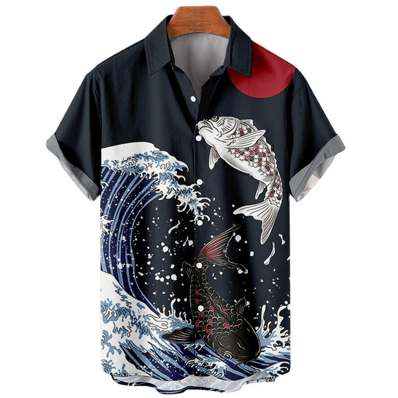 Męskie hawajskie koszule 3D krótkie spodenki z nadrukiem casual klapy topy w stylu plażowym Top Retro fale importowane-moda odzieżowa