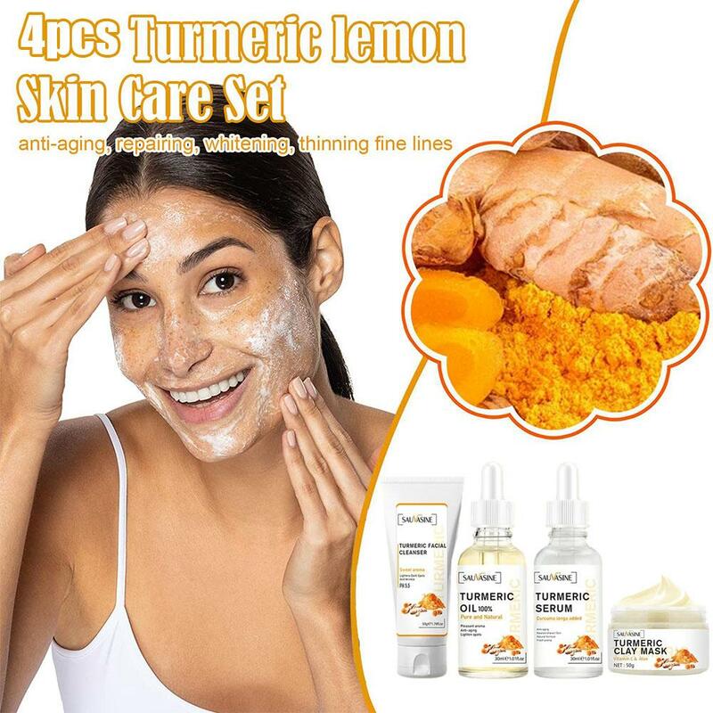 Curcuma Kit per la cura del viso pulizia dei pori rimozione delle macchie dell'acne Set termoretraibile riparazione cura dei pori pelle antirughe idratante sbiancare G1X2