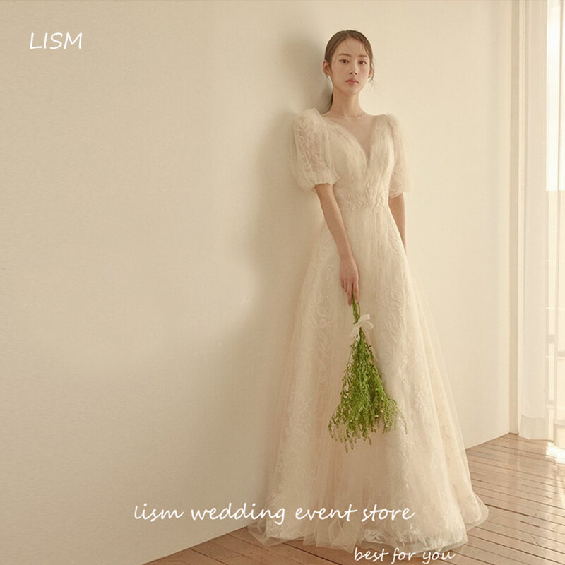 LISM-A-Line Puff vestido de noiva manga curta, vestido de noiva com o pescoço, renda cheia, coreano, elegante, casamento, sessão fotográfica, 2020