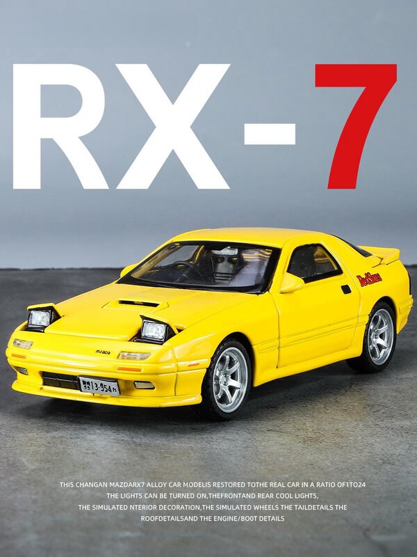 Mazda-modelo de coche de juguete RX7 Initial D, RX-7 juguete de fundido a presión, puertas de luz y sonido que se pueden abrir, regalo de colección para niños, 1/32