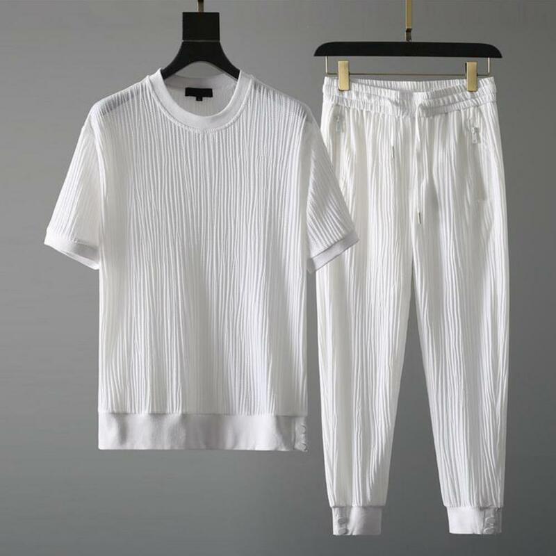 Dwuczęściowe męskie casualowe t-shirty zestaw spodni jednolite kolory kieszonkowe z okrągłym dekoltem letni męski strój sportowy z okrągłym dekoltem