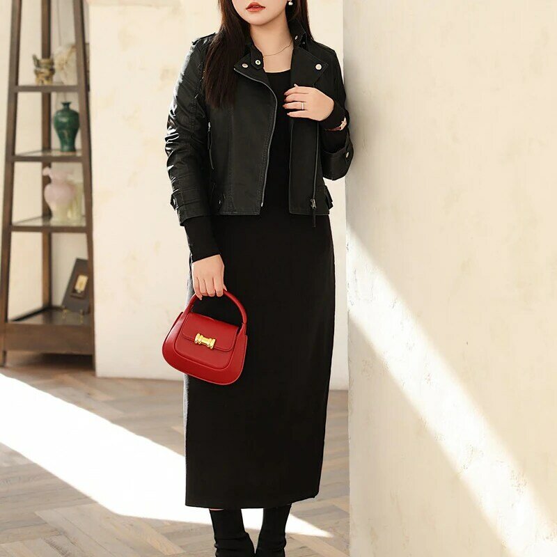 Veste de moto noire pour femme, manteau en cuir PU mouton, grande taille, mince, mode rapide, beau, étoile de style européen, 216.239.