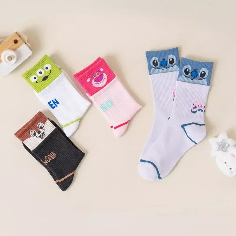 Cartoon Stitch Strawberry Bear Printed Mid Cap Women's Socks Cute Printed Letter Sports Sock Girl Candy Color Casual Socks