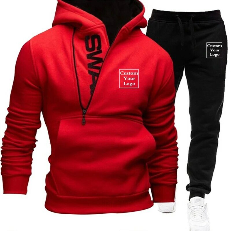 Logo kustom pakaian olahraga pria 2 buah set Sweatshirt + celana olahraga hoodie ritsleting pakaian pria kasual ukuran