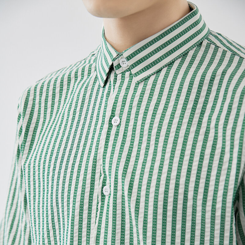 남성용 하이 퀄리티 스트라이프 반팔 셔츠, 슬림핏 라펠, 단색 녹색 셔츠, 3XL-M, 여름