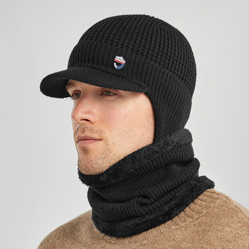Chapéu do Beanie viseira masculino com lenço, malha de pelúcia forrada, proteção de ouvido, frio e quente, malha, inverno, 2 peças por conjunto