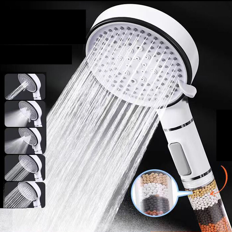 Cabezal de ducha con filtro antipiedra caliza, accesorio de baño higiénico, con mango de soporte, manguera de Spa, 5 modos