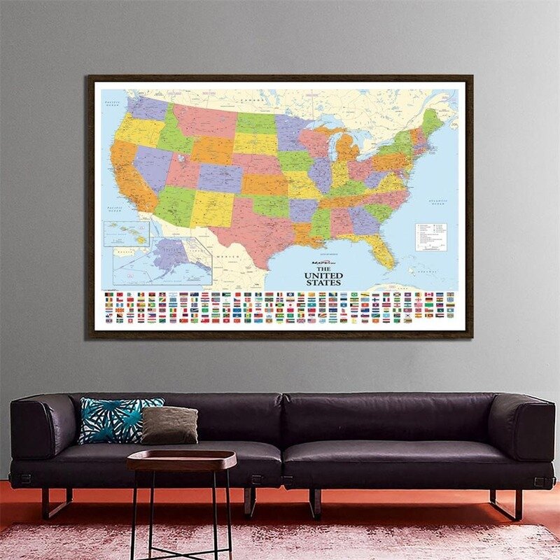 150x100cm Non-woven Map of The United States with Country Flags Detailed American Map for Culture and Education Travel Gifts
