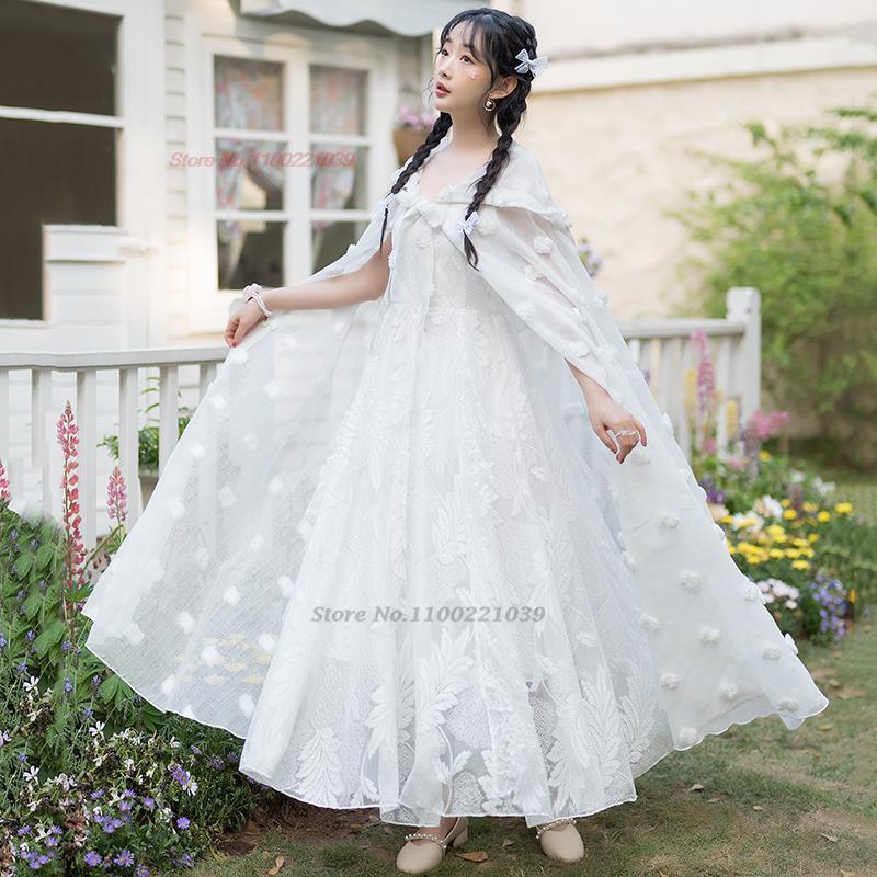 2024 chiński styl ludowy sukienka hanfu tradycyjna sukienka bez rękawów narodowa haft w kwiaty księżniczka orientalna koronkowa szyfonowa sukienka