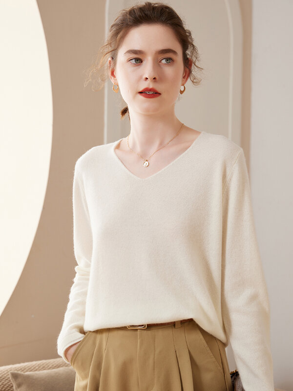 Sweater wanita rajut leher V, kualitas tinggi versi lebar Sweater kasmir murni musim semi dan musim gugur lengan panjang