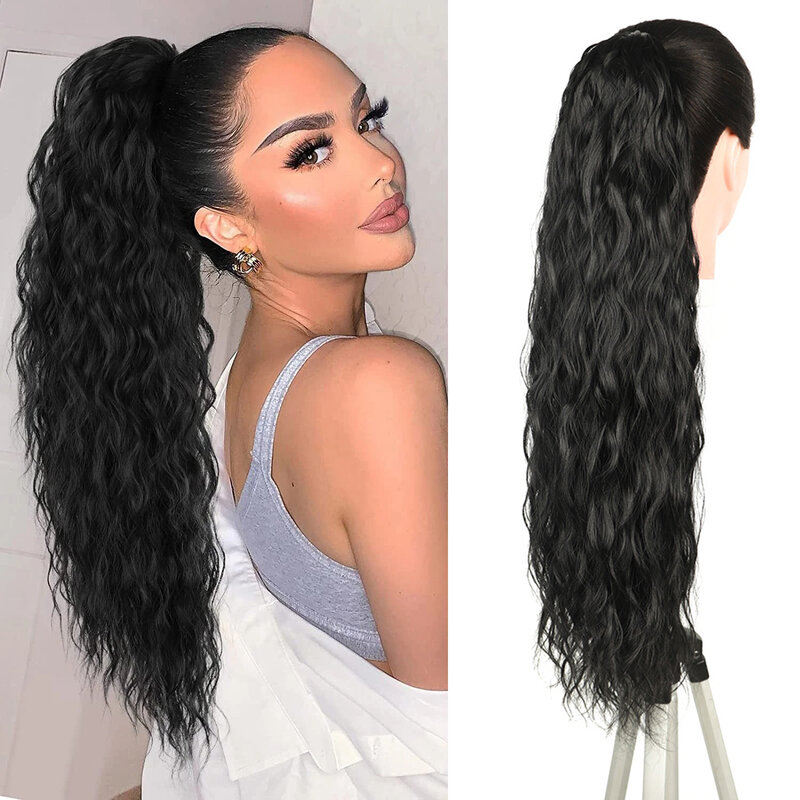 Synthetic Long Curly Ponytail Extensions for Women Blonde Black Wrapped Hairpiece Drawstring Ponytail Clip-In Hair Extension