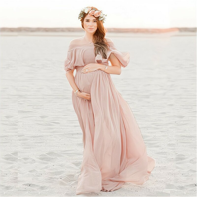 Nowe różowe sukienki ciążowe z falbankami na sesję zdjęciową czeski szyfon kobiety w ciąży fotografia rekwizyty sukienka Maxi Premama ubrania