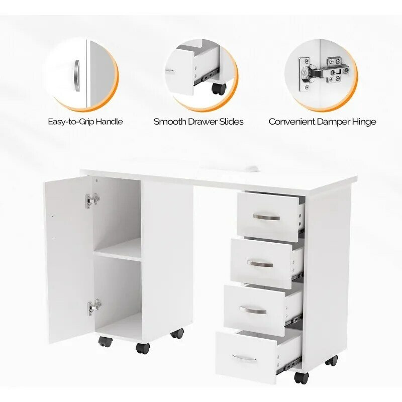 Manicure Table Nail Desk w/Cabinet, Drawers, Wheels & Wrist Rest, Spa Salon Beauty Home Wooden Technician Workstation