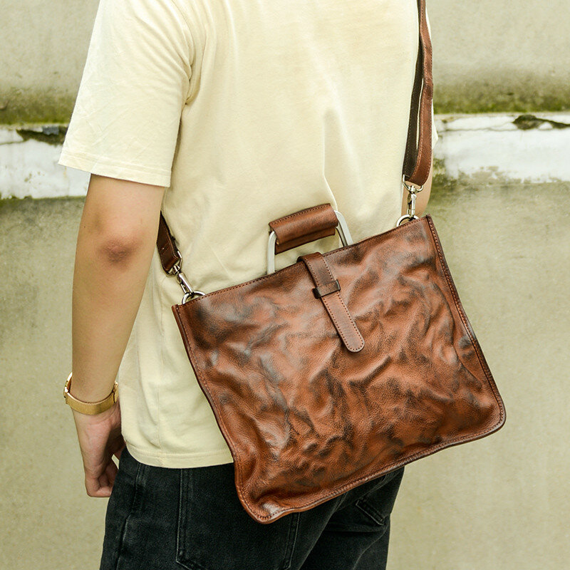 Fashion tas jinjing laptop kulit asli pria wanita, tas bisnis kulit sapi asli buatan tangan vintage