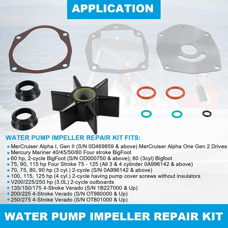 Impeller Kit perbaikan pompa air impeler cocok untuk roda kemudi Mercruiser Alpha One Gen 2 dan papan luar pelaut dan merkuri