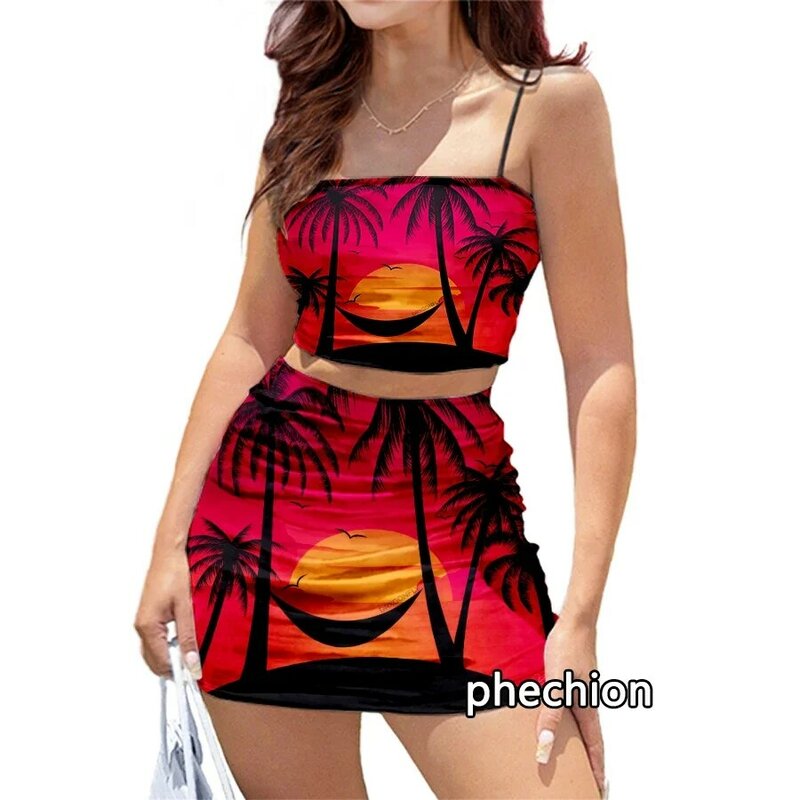 Phechion 여성용 야자수 패턴 3D 프린트 드레스 세트, 섹시한 슬링 튜브 탑 및 짧은 드레스, 2 피스 스커트 슈트, M38, 새로운 패션