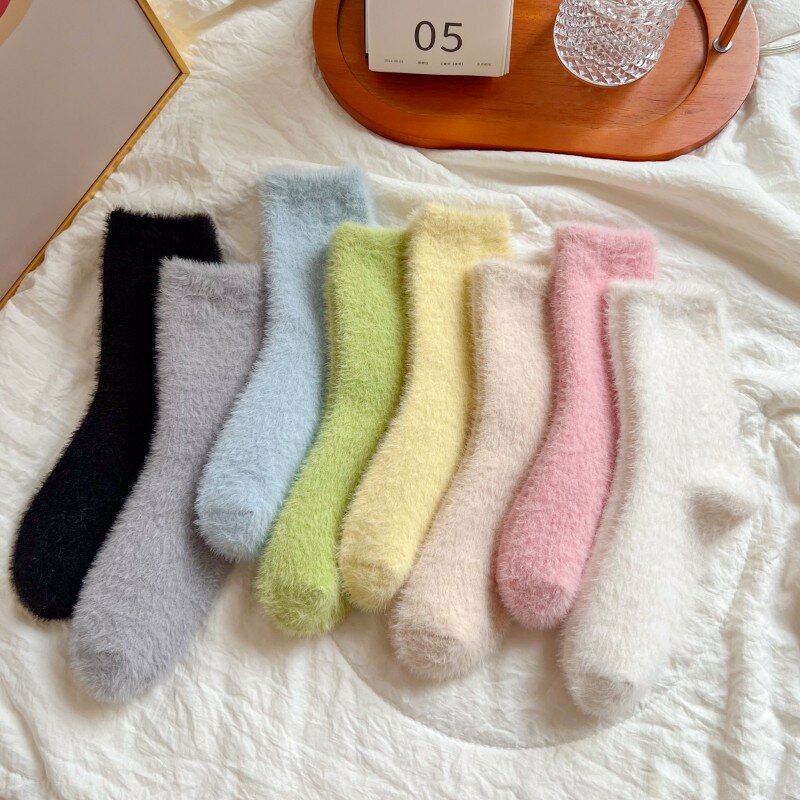 New Women Solid Cozy Mink Velvet Socks Winter Hosiery Thicken Warm Pure Color Sleep Bed Floor Home Fluffy Harajuku Sock 1 Pairs