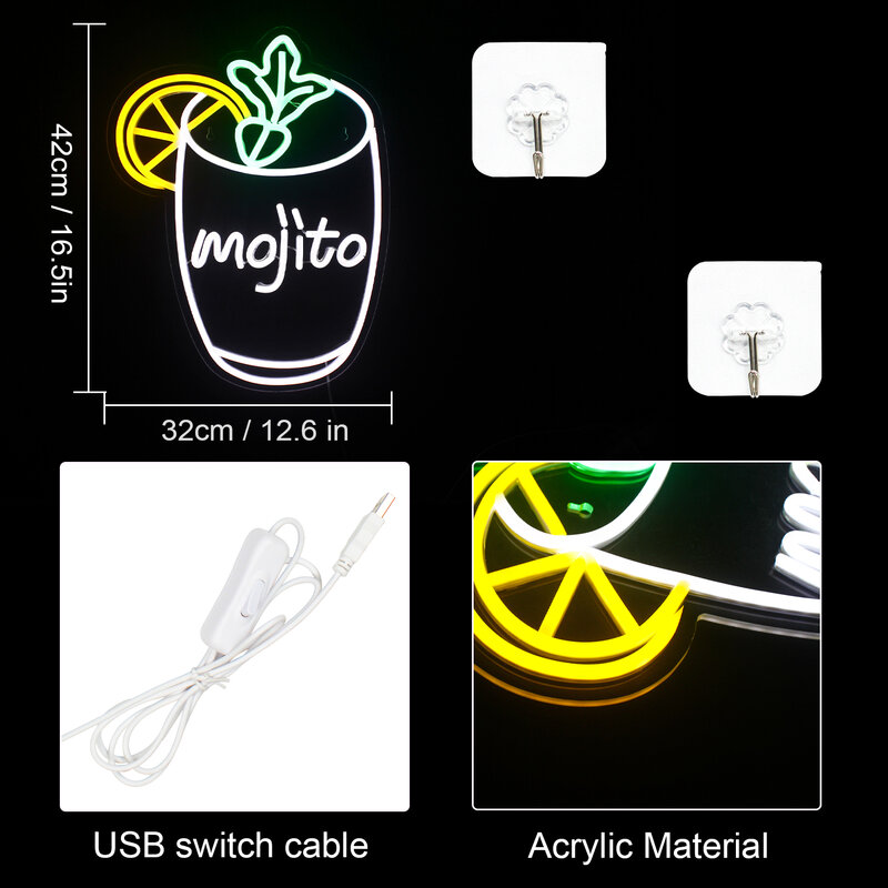 Mojito ไฟนีออนป้ายแขวนตกแต่งห้องบ้านบาร์โลโก้ไฟ USB โคมไฟติดผนังไฟ LED สำหรับห้องนอนปาร์ตี้บาร์กาแฟ