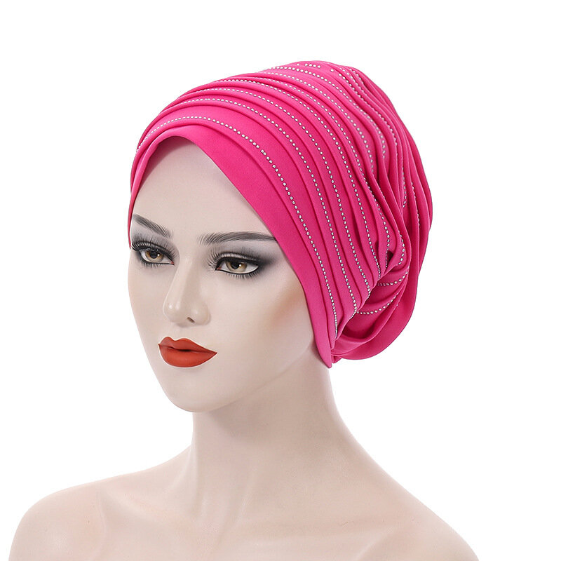 Diamonds Pleated Turban Cap for Lady African Women's Head Wraps Nigeria Headpiece Turbante Mujer Muslim Headscarf Hats