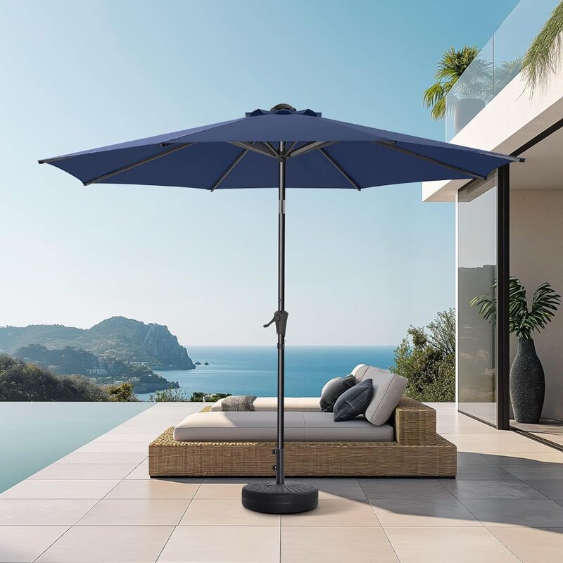 Paraguas de Patio al aire libre, sombrilla de cubierta de piscina, mesa de mercado, protección UV UPF50 + con botón de inclinación, manivela y 8 costillas resistentes, 9 pies