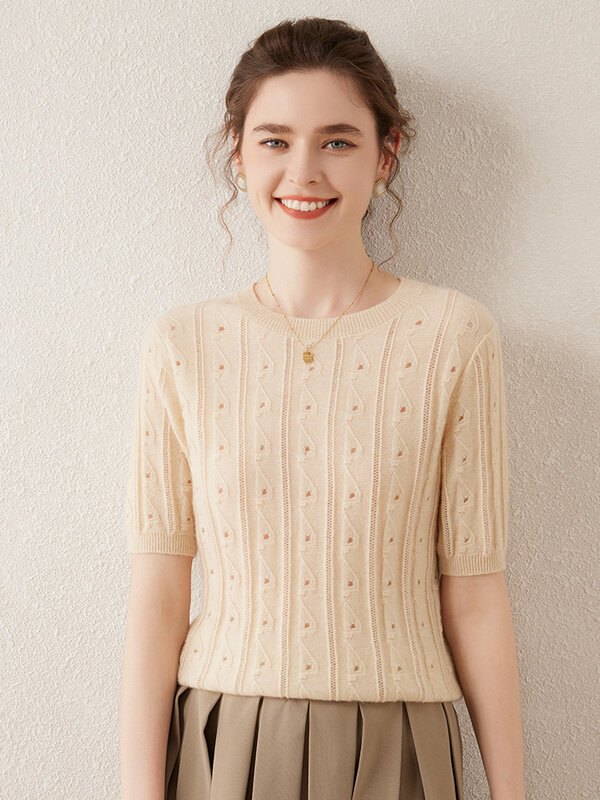 女性用半袖セーター,カシミア,ニット,透かし彫り,韓国,人気,春,夏,高品質,100%