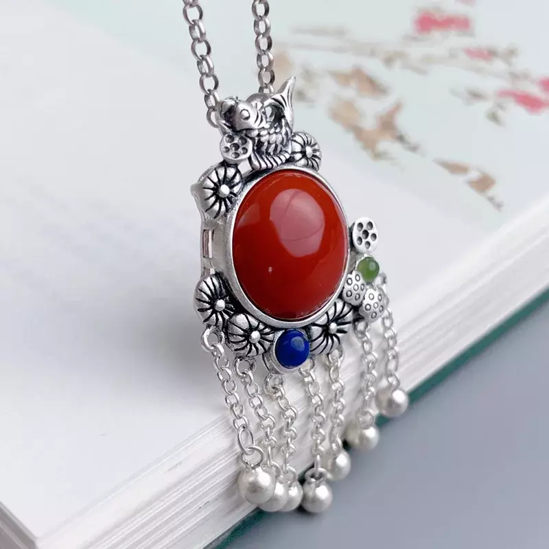 925 srebrny południowego czerwonego turmalinowy naszyjnik z frędzlami dla kobiet w stylu Vintage łańcuszek do obojczyka inkrustowany lazuryt wisiorek biżuteria