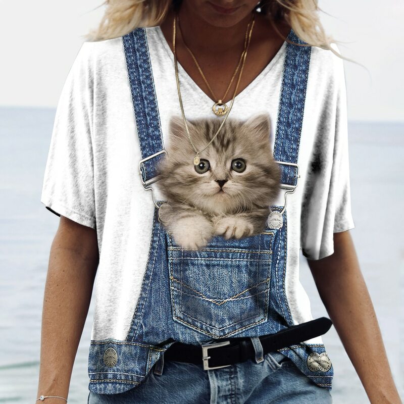 Women's T-Shirt Kawaii Cat Print 3D T Shirt Top Girls Y2K Clothing Summer Short Sleeve Tees V-Neck Casual Holiday Female T-Shirt