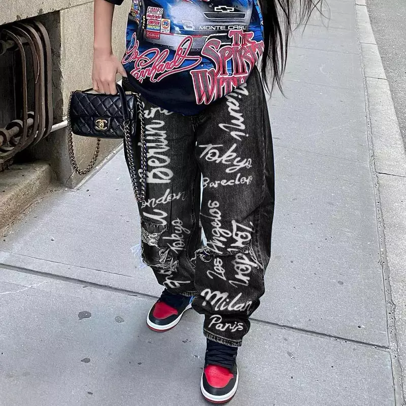 Jeansy damskie Y2K retro w modnej marce gorącym stylu poszarpane z nadrukiem hip-hop street dżinsy darmowa wysyłka