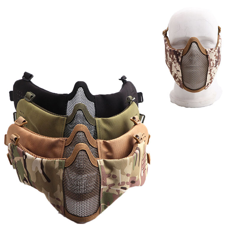 Masker Wajah Airsoft, dengan telinga jaring wajah bernapas masker mulut taktis Paintball Softair masker pelindung peralatan berburu