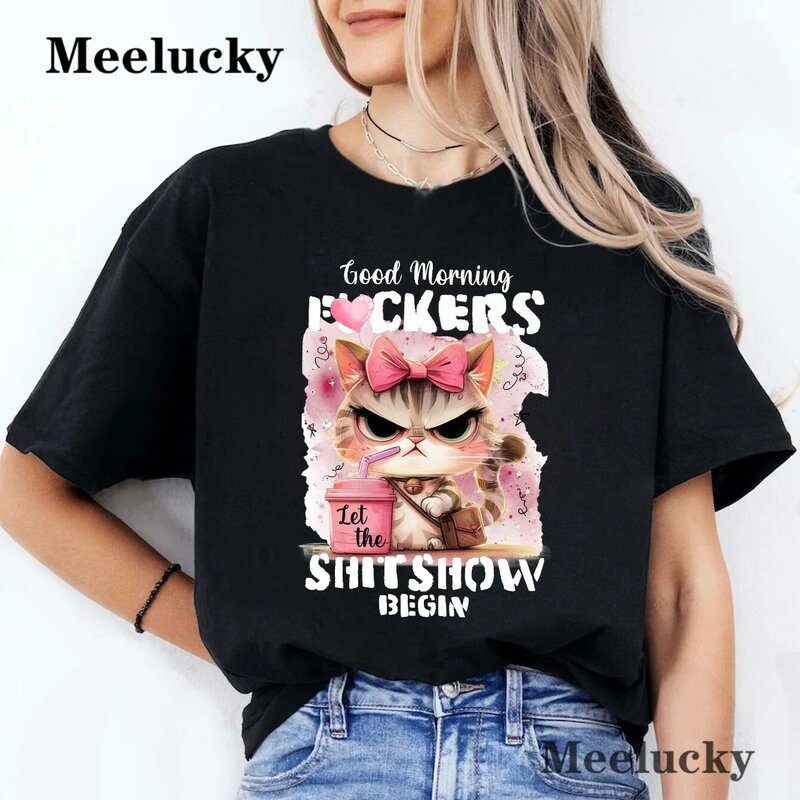 Humor Animal Quotes Neck Crop top Cat Print T shirt Leisure Pure Cotton Summer Short Sleeve