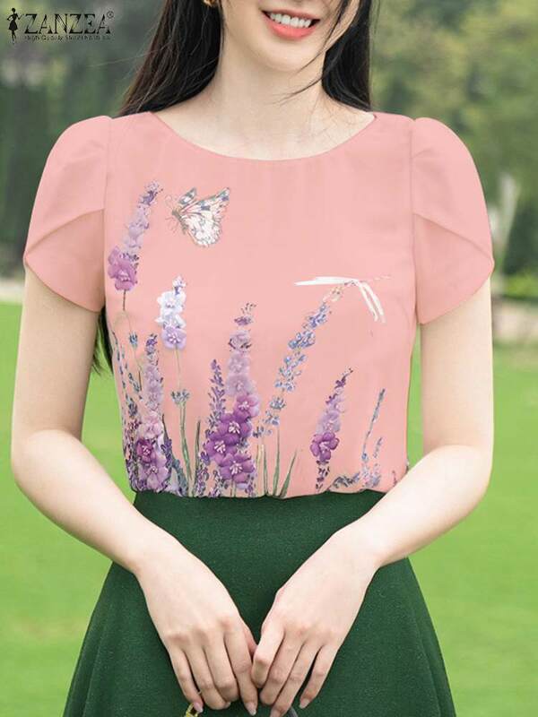 Корейские женские рубашки с пышными короткими рукавами ZANZEA 2024 летняя блузка с цветочным принтом модная туника с круглым вырезом повседневные свободные праздничные Топы