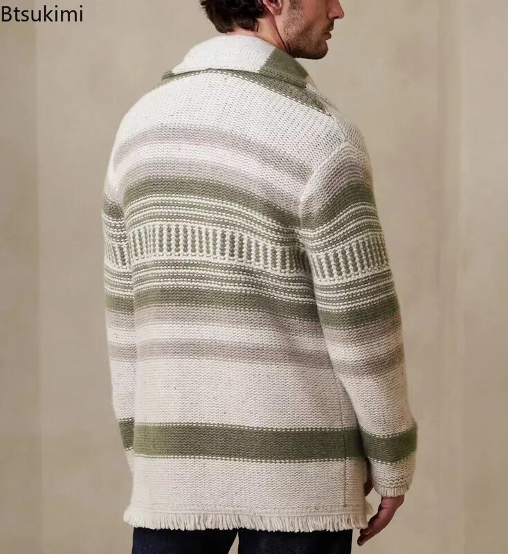 Jesienno-zimowa męska ciepła rozpinany sweter kurtka frędzle z dzianiny sweter płaszcze męskie klapy casualowe w stylu Streetwear swetry w paski