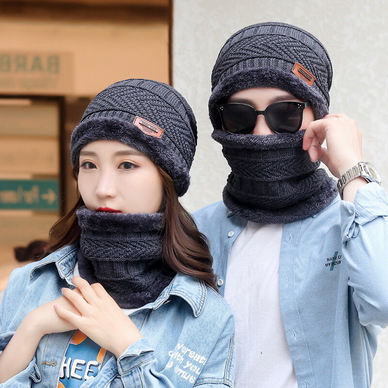 3pcs/set Fashion Knitted Hat Men Women's Winter 2022 Hats With Scarves And Touch Screen Gloves Thick Warm Beanie Hat Men Caps