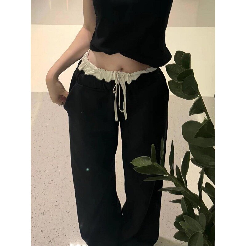 Deeptown-Calça larga de cintura alta feminina, renda preta, calças grandes, vintage, casual, moda coreana, Harajuku, outono