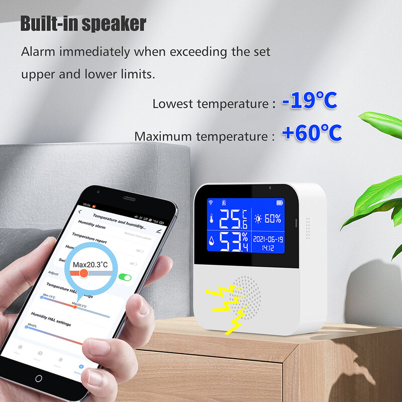 Tuya Smart Home-Sensor de temperatura y humedad, higrómetro con alarma para interior y exterior, Detector de termómetro, compatible con Alexa y Google Home