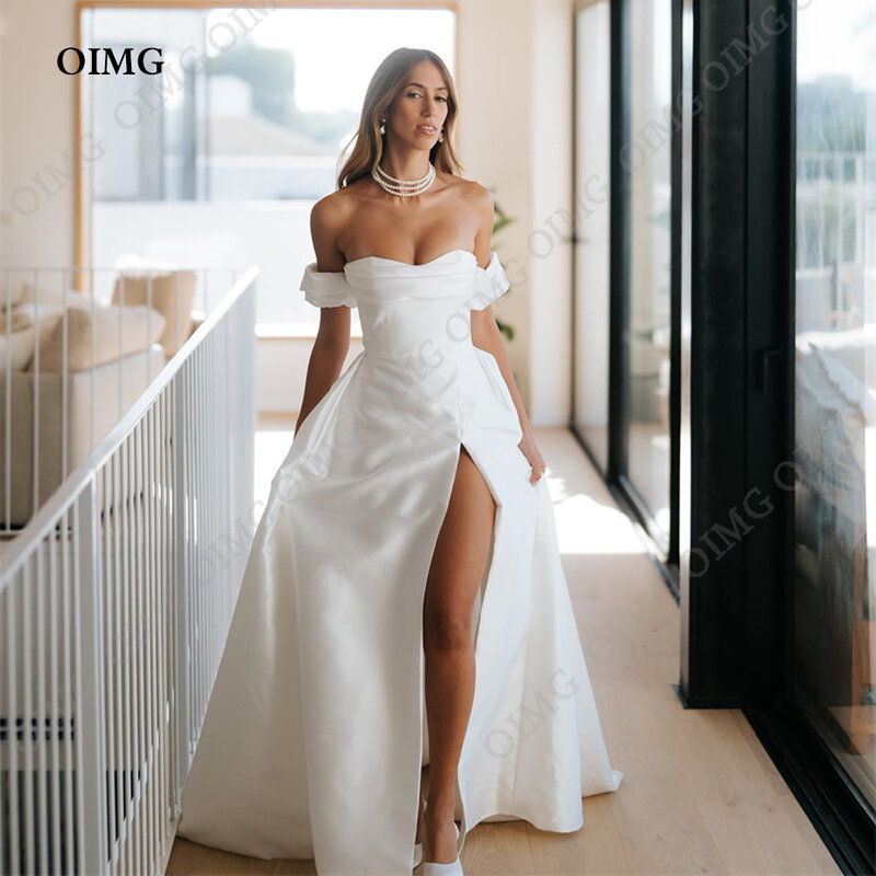 OIMG-الساتان فساتين زفاف خط ، ثوب بسيط ، قبالة الكتف ، طويلة ، مناسبة رسمية ، فساتين الزفاف ، الحبيب