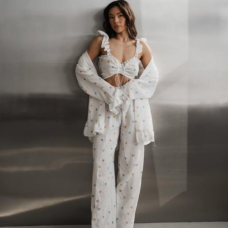 Pijama colorido de algodão puro estampado em coração, calças de manga comprida, roupas femininas, design elegante