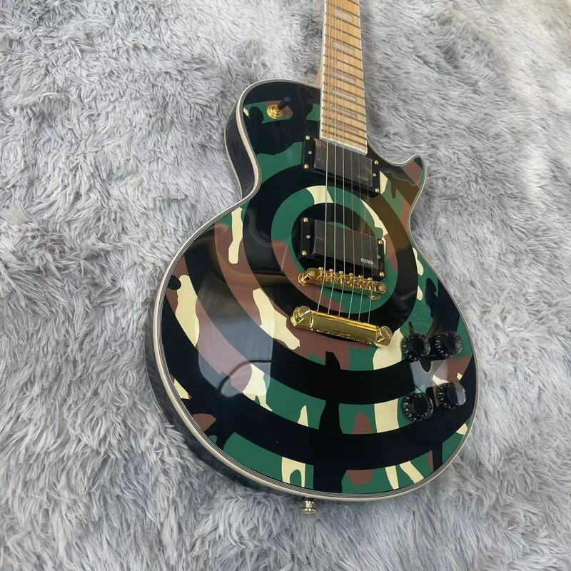 Lp-カモフラージュ6弦エレキギター,一体型ボディ,高光沢,ローズウッド指板,メープルリーフ