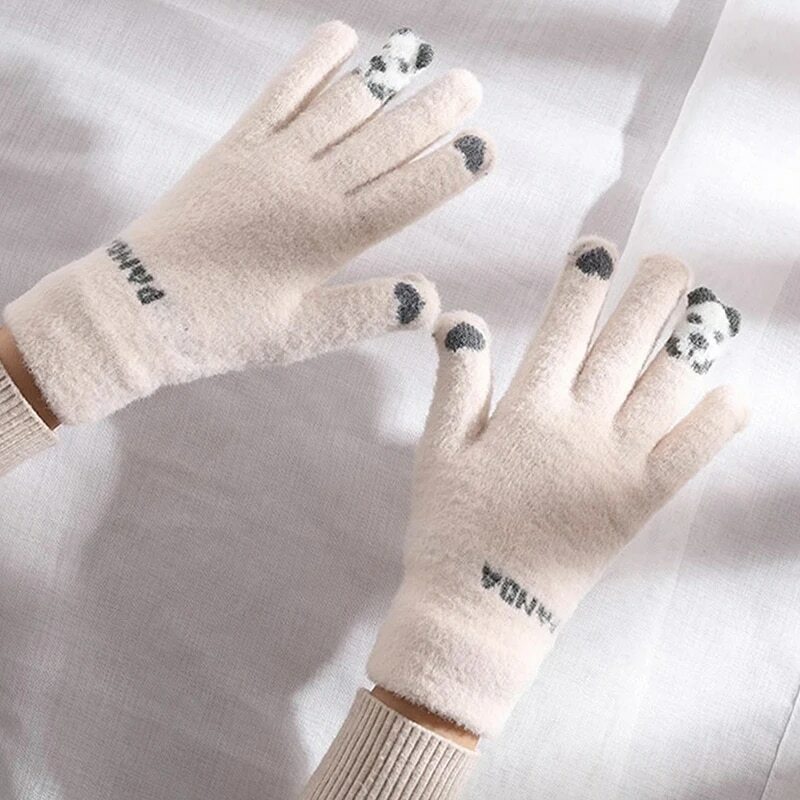 Sarung tangan musim dingin, sarung tangan mewah hangat kartun Panda cincin jari rajut layar sentuh luar ruangan anti angin