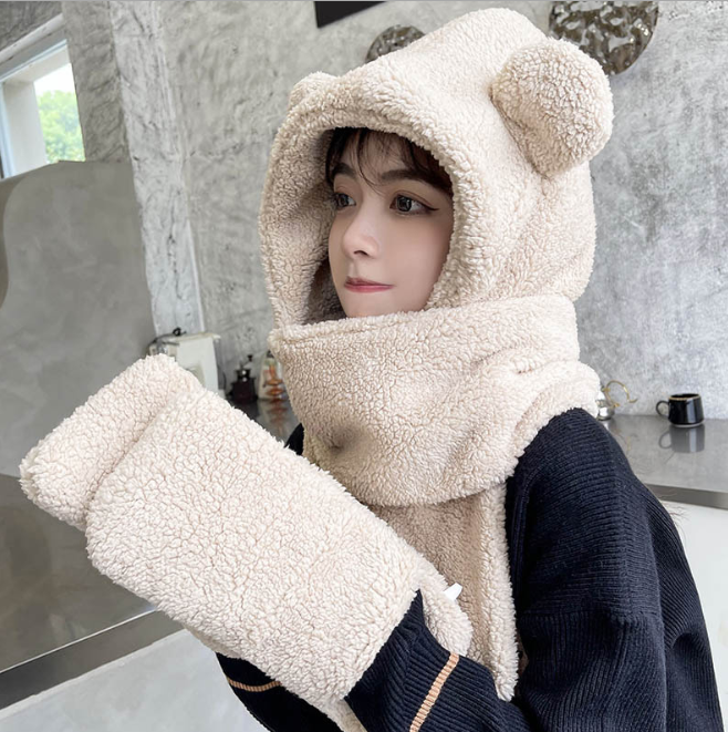 Little Bear Hat Scarf Autumn Winter Scarf Female Hat Scarf Gloves One Cartoon Cute Warm Plush Girl Fashion Beige